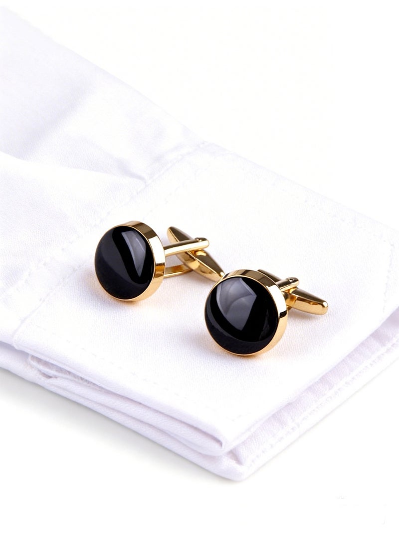 DB Innov. Cufflinks, Black Gemstone Goden Frame Round-Shape Cufflinks, 2 PCS for One Set Premium Copper Jewelry Specially Design for Men's Shirt Wedding Business Gift with Delicate Package Box. - Image 2